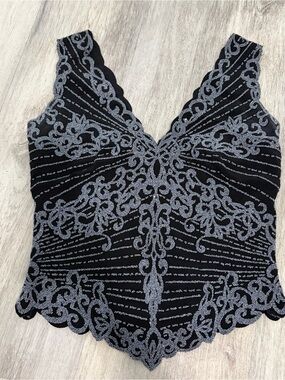 VTG Y2K 90s Tadashi Shoji Beaded Top Sleeveless Women’s S Black Evening Silver